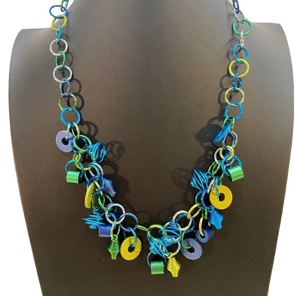 Fun, Funky Lightweight Blue & Green Drop Down Necklace. Length-22”